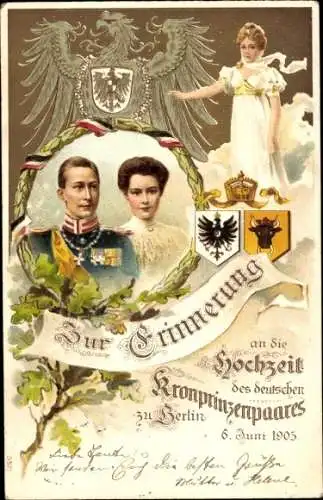 Präge Wappen Litho Hochzeit 1905, Kronprinz Wilhelm von Preußen, Kronprinzessin Cecilie