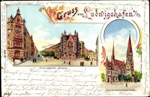 Litho Ludwigshafen am Rhein, Prinzregentenstraße, Neue protestantische Kirche