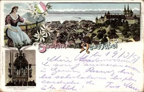 Litho Neuchâtel Neuenburg Stadt, Gesamtansicht, Wappen, Denkmal, Frau in Tracht