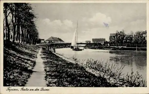 Ak Gwardeisk Tapiau Ostpreußen, Deime, Brücke, Segelboot