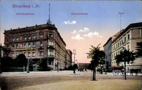 Ak Kaliningrad Königsberg Ostpreußen, Klapperwiese, Bahnhofshotel, Post