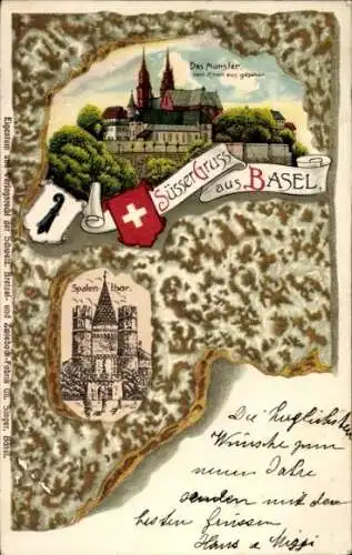 Präge Wappen Litho Basel Bâle Stadt Schweiz, Münster, Spaten-Tor
