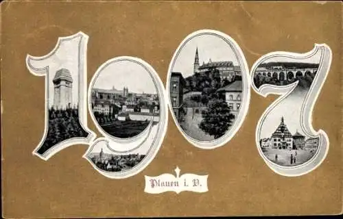 Passepartout Ak Plauen im Vogtland, Jahreszahl 1907, Stadtansichten