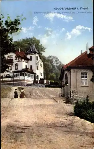 Ak Augustusburg im Erzgebirge, Restaurant Waldfrieden, Bahnhof zur Drahtseilbahn