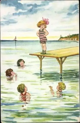 Künstler Ak Scheuermann, Willi, Mädchen im Badeanzug auf einem Steg, Jungen im Wasser