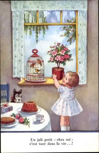 Künstler Ak Scheuermann, Willi, ?, Mädchen stellt Blumentopf ins Fenster, Kuchen, Vogelkäfig