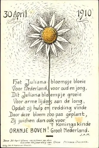 Ak Oranje Boven, Große Niederlande, 30. April 1910, die Juliana-Blume blühte