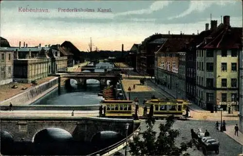 Ak København Kopenhagen Dänemark, Frederiksholms Kanal, Straßenbahn, Brücke