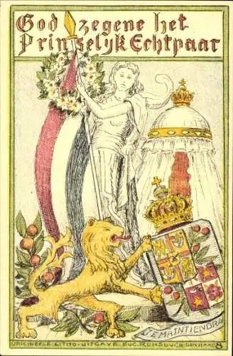 Wappen Künstler Ak Rensburg, E., Frau mit niederländischer Fahne, Löwe, Krone