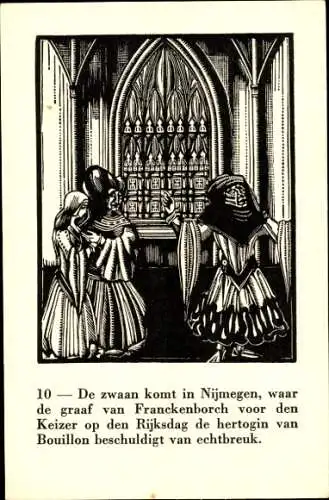 Ak Historie van den Zwaanridder, Der Schwan kommt nach Nimwegen, wo der Graf von Franckenborch...