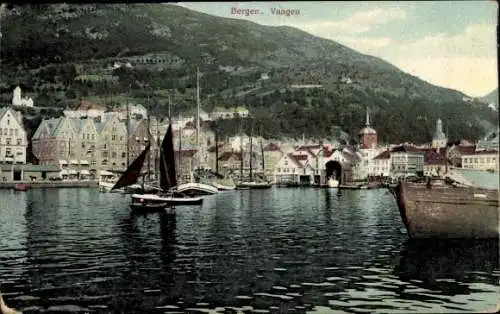 Ak Bergen Norwegen, Vaagen, Teilansicht, Segelboote