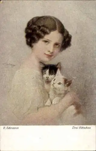 Künstler Ak Schramm, V., Drei Kätzchen, Frau und zwei Katzen