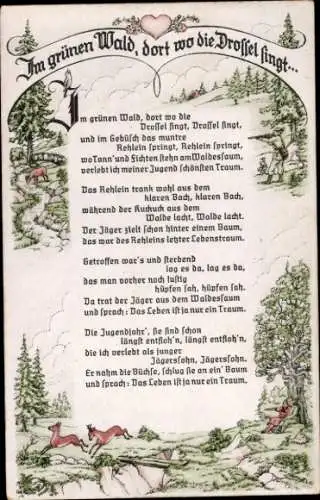 Lied Ak Im grünen Wald, dort wo die Drossel singt, junger Jägerssohn, Rehe, Jagd