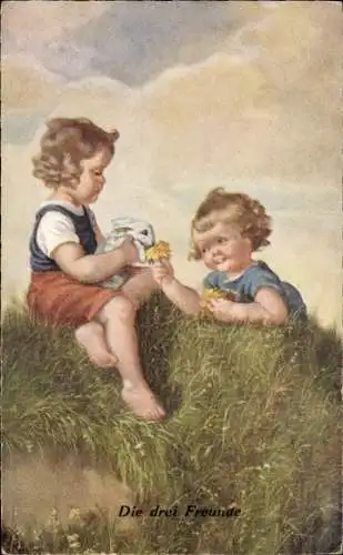 Künstler Ak Die drei Freunde, Kinder, Hase