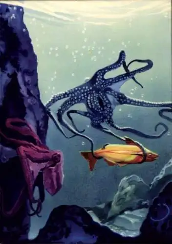Künstler Ak Wendt, Tintenfische, Krake fängt einen Fisch, Felsen