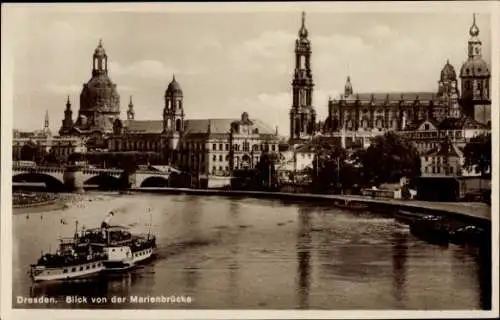 Ak Dresden Altstadt, Blick von der Marienbrücke, Kirchen, Schiff