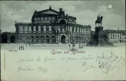 Mondschein Ak Dresden Altstadt, Hof-Oper, Denkmal