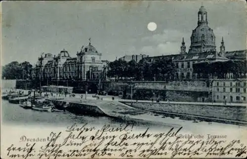 Mondschein Ak Dresden Altstadt, Brühlsche Terrasse, Elbe