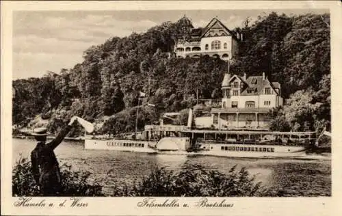 Ak Hameln Niedersachsen, Felsenkeller, Bootshaus, Dampfer