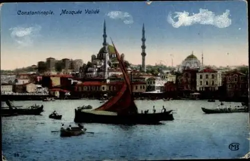 Ak Konstantinopel Istanbul Türkei, Mosquee Valide, Minarett, Boote, Häuser