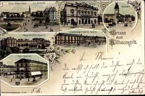 Litho Mulhausen Mühlhausen Elsass Bas Rhin, Kaiser Wilhelm Kaserne, Neu Quartier, Theater, Bollwerk