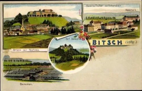 Litho Bitche Bitsch Lothringen Moselle, Festung, Kaserne Freiherr von Falkenstein, Fort Sebastian