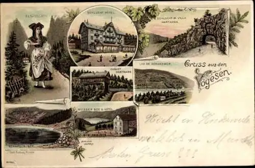 Litho Gérardmer Lothringen Vosges, Schlucht Hotel, Chalet Hartmann, Weißer See