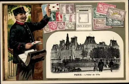 Präge Briefmarken Passepartout Ak Paris, L'Hotel de Ville, Postbote