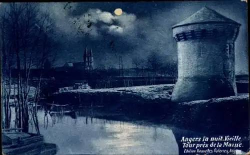 Mondschein Ak Angers Maine et Loire, Turm bei Mondenschein, Kirche im Hintergrund
