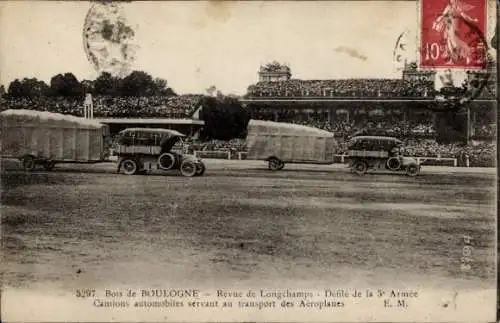 Ak Boulogne sur Seine Hauts de Seine, Revue de Longchamps, Camions automobiles servant