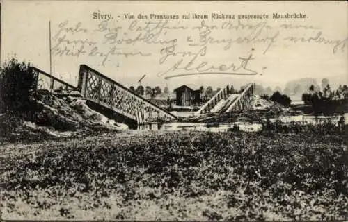Ak Sivry Courtry Seine et Marne, Von den Franzosen gesprengte Maasbrücke