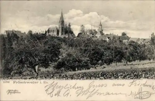 Ak Frœschwiller Fröschweiler Elsaß Bas Rhin, Totale vom Ort, Kirche