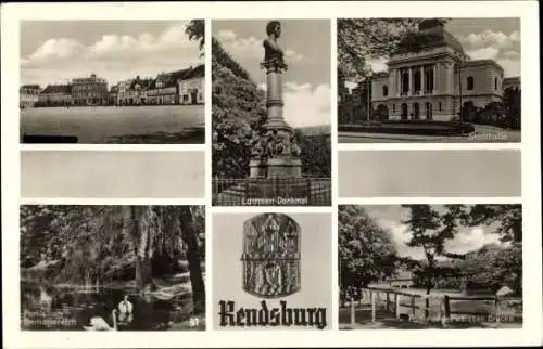 Ak Rendsburg in Schleswig Holstein, Platz,Teich, Stadthalle, Lornsen-Denkmal, weiße Brücke, Wappen