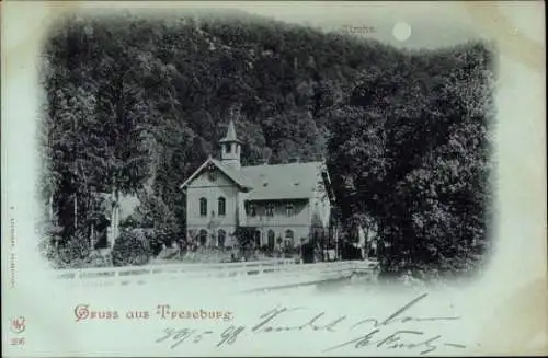 Mondschein Ak Treseburg Thale im Harz, Blick auf die Kirche