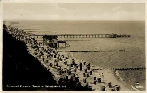 Ak Ostseebad Koserow auf Usedom, Strand mit Seebrücke und Bad