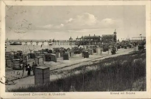 Ak Ostseebad Zinnowitz Usedom, Strand mit Brücke