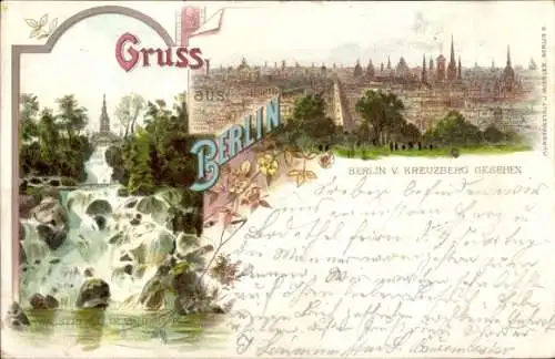 Litho Berlin Kreuzberg, Wasserfall im Victoria Park, Panorama