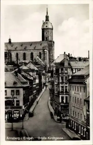 Ak Annaberg Buchholz im Erzgebirge, Große Kirchgasse, Kirche, Geschäfte, Hotel, Museum