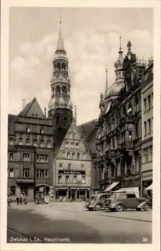 Ak Zwickau in Sachsen, Hauptmarkt, Geschäftshäuser, Autos