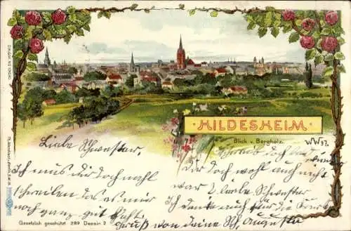 Litho Hildesheim in Niedersachsen, Blick v. Bergholz, Stadtpanorama