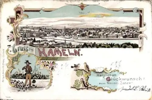 Litho Hameln an der Weser Niedersachsen, Rattenfänger, Panorama, Neujahr