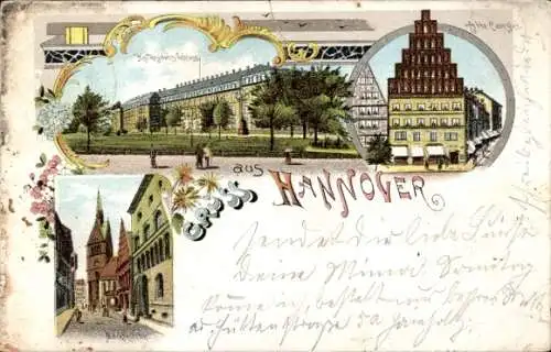 Litho Hannover in Niedersachsen, Kgl. Residenzschloss, Alte Kanzlei, Marktkirche