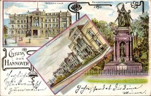 Litho Hannover in Niedersachsen, Ständehaus, Kriegerdenkmal, Schiffgraben