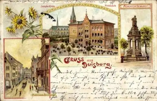 Litho Duisburg im Ruhrgebiet, Josephskirche, Mittelschule, Mercatordenkmal, Poststraße, Reichspost