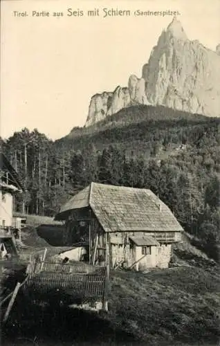 Ak Seis am Schlern Siusi Kastelruth Castelrotto Südtirol, Hütte, Santnerspitze