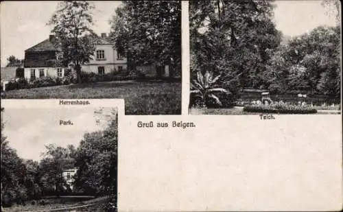 Ak Belgen Pommern, Herrenhaus, Park, Teich