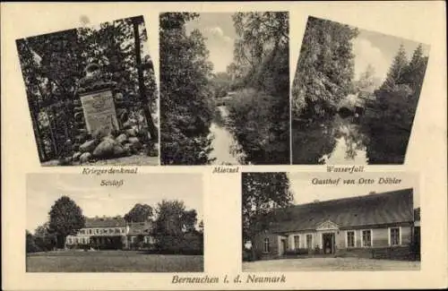 Ak Barnówko Berneuchen in der Neumark Ostbrandenburg, Gasthof, Wasserfall, Schloss
