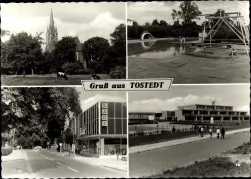 Ak Tostedt in Niedersachsen, Schwimmbad, Sprungturm, Bade, Kirchturm, Teilortsansicht, Passanten