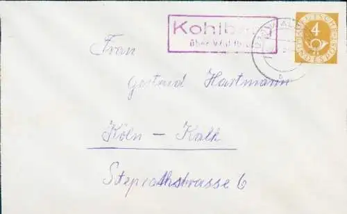 Landpostsstempel Kohlberg Windeck über Waldbröl auf Brief nach Köln Kalk 30.07.1955