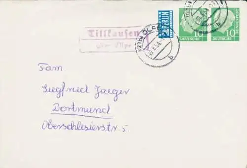 Landpoststempel Tillkausen im Oberbergischen Kreis über Olpe auf Brief nach Dortmund, 1954